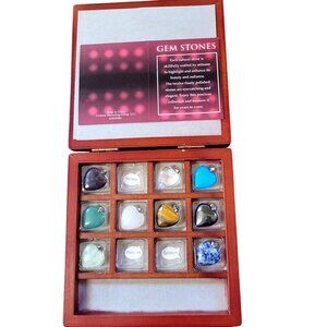 Gem Stone Heart Shape Lot 9 Keepsake Pendants Vintage Wooden Box Partial 3/4''